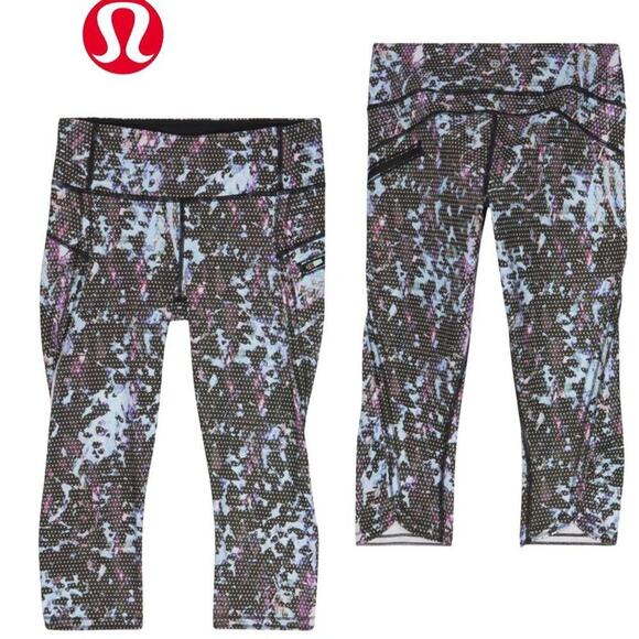 Lululemon Run Top Speed Mid-Rise Crop 17' Leggings | Floral Blue/Black | Sz 4 - Picture 10 of 14